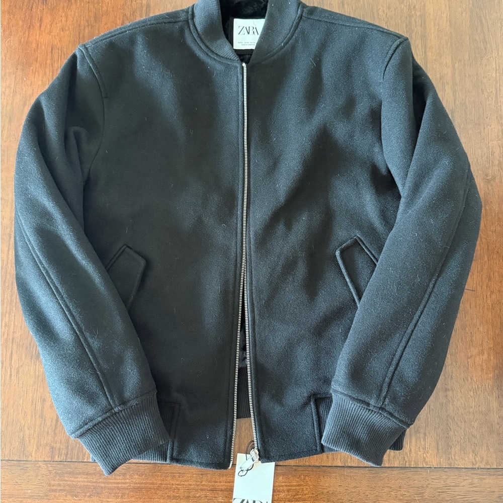 ZARA Black Faux Fur Lined Bomber Jacket-Zip Up - Size M - NWT
